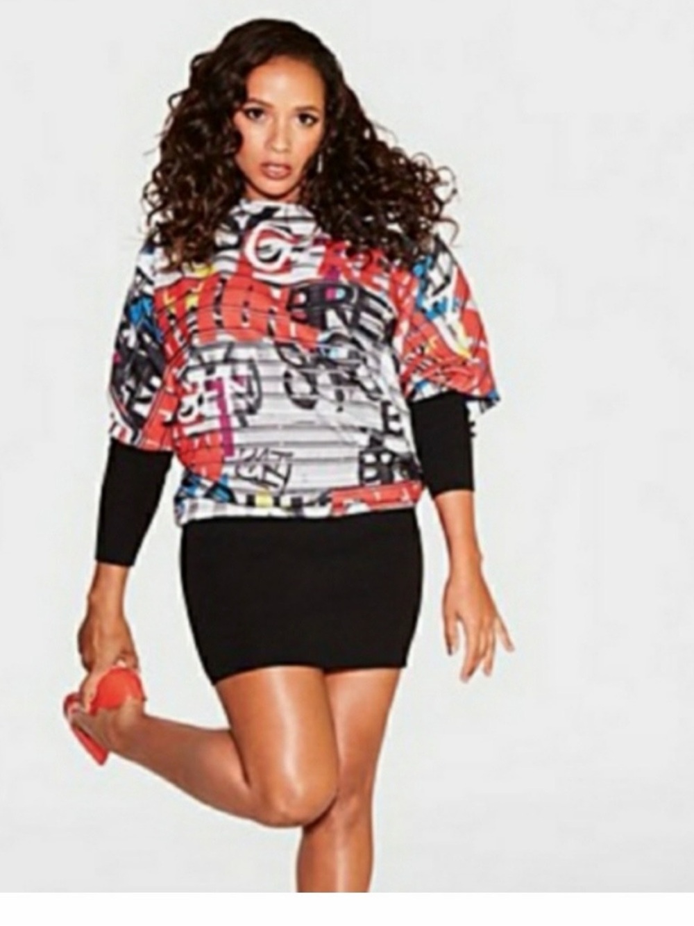 Graphic Multicolor Long Sleeve Tunic with Black Cuffs